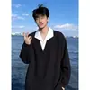 Sudadera con Capucha de Dos Piezas Falsas con Patrón de Espiga de Trigo para Hombre Otoño Cleanfit Patchwork Cuello Solapa Alta Inteligencia Pareja Manga Larga