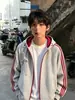 Sudadera con capucha gruesa para hombre de Otoño y Primavera, tres rayas, bloques de color, chaqueta cárdigan con cremallera, top casual holgado de hombros caídos