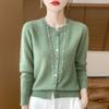Cardigan Simples Tricotado 100% Lã Pura para Outono e Inverno Feminino, Nova Camisa Básica Versátil de Manga Longa com Gola Redonda, Jaqueta Fina Top