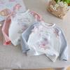 Camiseta de Manga Larga con Estampado de Dibujos Animados Frescos de Otoño para Niñas, Bloque de Color, Manga Raglán, Lazo para Niños Pequeños