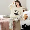 Pijama feminino de algodão imitação, conjunto de manga longa para primavera e outono, mangas raglan, estampa de desenho animado, gola redonda, calça xadrez, roupa casual para casa