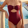 Moda Europea y Americana Estilo Puro Deseo Traje de Baño de una Pieza Tubo Retro Cintura Alta Busto Pequeño Push-Up Vacaciones en la Playa Traje de Baño para Mujer Fábrica