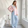 Otoño Invierno 2026 Nuevo Transfronterizo Europeo y Americano Bloqueo de Color Azul y Rosa Algodón Puro Holgado Manga Larga Pantalón Largo Conjunto de Ropa para el Hogar Pijama Mujer