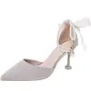 Sapatos de Salto Alto Elegantes de Uma Alça para Mulheres, Novo Estilo Primavera e Verão, Bico Fino, Salto Fino, Laço, Bico Fechado, Sandálias Vazadas