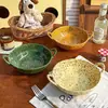 Cuenco de Cerámica Coreano de Salpicaduras de Color, Cuenco Irregular Hecho a Mano de Doble Asa Estilo Ins Vintage para Fideos Instantáneos, Ensalada, Sopa y Fideos Caracol