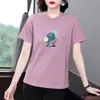 Camiseta de Manga Corta Estampada de Moda para Mujer, Corte Holgado, Adelgazante, Cubre Vientre, Top de Verano, Tallas Grandes, Camiseta de Hombro Normal