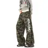 Calça de Moletom Camuflada com Estampa de Letras Streetwear Americano Feminina Masculina Primavera Solta Grossa Estilo Preguiçoso Perna Larga Esportiva Casual
