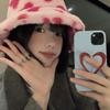 Precioso gorro de pescador de felpa rosa para mujer, gorro de cubo dulce de otoño e invierno, gorro cálido de estilo japonés con gran circunferencia de cabeza para mujer