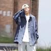 Camisa Jeans de Manga Longa com Listras Verticais Retrô para Primavera e Outono Masculina Solta Moda Marca Casual Japonesa Casaco