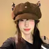 Boina de Pana con Estampado de Leopardo y Orejas de Gato para Mujer, Bonito Sombrero Octogonal para Adelgazar el Rostro para Primavera y Otoño, Sombrero de Artista para Cabeza Grande