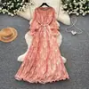 Vestido Estampado Estilo Dama Francesa Holgado para Mujer Verano Manga Larga Cintura Ceñida Adelgazante Falda Larga de Corte A Elegante