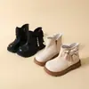 Botines cortos para niñas, botines tipo Martin para niños, botines sencillos para niños mayores, nuevos botines de cuero versátiles antideslizantes de otoño e invierno con lazo, estilo princesa