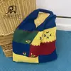 Bolsa Tecida Feminina com Costura Colorida Bolsa de Mão/Ombro Crochê à Mão de Lã Estilo Mori Bolsa de Compras Tricotada Bordada à Mão