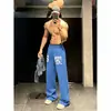 Pantalones Azules de Pierna Ancha Bordados Estilo Americano con Acabado tipo Flocado para Hombre, Pantalones Deportivos Casuales Versátiles Estilo Perezoso de Verano, En Stock