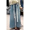 Jeans Reta Cropped Laço Modelador Cintura Alta Soltinho Petite para Mulheres 2025 Tendência Retro Calças de Perna Larga