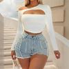 Moda Femenina Transfronteriza Nueva de Amazon Primavera/Verano 2026 Camiseta Sencilla Sexy Moda Versátil Top Corto sin Hombros