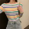 Camiseta de Punto con Rayas Arcoíris para Mujer, Ropa de Primavera y Otoño, Elástica, Ajustada, Adelgazante, Suéter, Camiseta, Cuello Redondo, Manga Larga Colorida