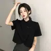 Novo Estilo Chinês Cheongsam Melhorado Feminino Verão 2024 Nova Chegada Camisa Irregular de Manga Curta Top Curto Artístico Retrô