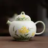 Tetera de cerámica pintada a mano, juego de té Kung Fu, tetera para preparar té de uso doméstico, tetera de color bajo vidriado, tetera individual, diseño de flor amarilla y hoja verde