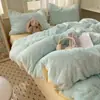Conjunto de cama de luxo de inverno em veludo de leite com pele de coelho de princesa, com capa de edredom de alta qualidade e lençol de cama em fleece de coral