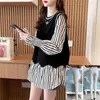 Blusas Maternas Estilosas para Primavera e Outono, Roupas de Maternidade para Inverno, Conjunto de Duas Peças Maternidade Listrado, Moda Falsa de Duas Peças para Mães Modernas