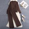 Conjunto de Duas Peças Feminino Estilo Hong Kong Elegante Suéter de Tricô Espesso Simples com Fenda Lateral Calça Wide Leg Versátil