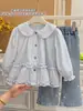 Nueva colección de otoño de algodón puro, camisas estilo baby doll con encaje a cuadros estilo coreano para niñas, camisas de moda para bebés, camisas infantiles y ropa infantil