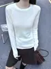 Suéter de lana pura de punto fino con cuello redondo engrosado, prenda base para mujer, para usar en capas, ropa interior, nuevo diseño de color sólido empalmado, otoño e invierno