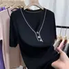 Camiseta de Manga Curta Fina de Seda Gelo para Verão 2026 para Figuras Baixas, Estilo Coreano Versátil Slim-Fit Patchwork Tricô Emagrecedor