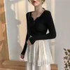Suéter de Punto Elástico Delgado de Manga Larga con Cuello Versátil Estilo Coreano Otoño Capa Base para Mujer