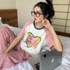 Pijama de Manga Corta para Mujer Primavera y Verano 2025 Estilo Fino de Verano Traje Holgado Ropa para el Hogar a Cuadros de Oso de Dibujos Animados