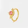 Anel de Coração de Menina Mágica Rosa com Zircônia, Banhado a Ouro Real 24K, Cor Forte e Duradoura, Empilhável, Luxo Acessível de Alta Qualidade