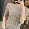 Nueva ropa de mujer de verano, top de punto acanalado de algodón puro con cuello redondo estilo coreano, camiseta elegante y versátil