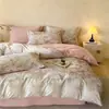 Juego de Ropa de Cama de Cuatro Piezas de Algodón Cepillado de Lujo Ligero, Funda de Edredón Gruesa Nueva de Invierno de Algodón Puro, Sábana Plana Individual, Sábana Ajustable, Ropa de Cama