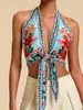 2026 Novo Estilo Europeu e Americano Estilo Férias Estampado 3D Decote Halter Ajuste ao Corpo Moda Blusa Regata Feminina