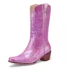 Botas de Tubo Alto de Mezclilla Bordadas con Punta Aguda y Tacón Medio Grueso Europeas y Americanas 2026 para Mujer, Tallas 40-43, Talla Grande