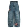 Jeans Feminino Retro Americano com Patch de Letra Estrela Cimitarra 2025 Novo Calça de Perna Larga Solta Lavada