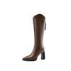 Botas marrones con forro polar para mujer, invierno 2024, nuevas botas vaqueras de tacón alto y punta, botas de caballero con tacón grueso y boca en V