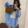 Chic Coreano 2026 Primavera y Verano Nuevo Conjunto de 2 Piezas: Camisa de Manga Larga Rayada Estilo Francés + Falda de Cintura Elástica