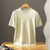 Malha Fina de Bitola 18 100% Caxemira Pura Gola Redonda Manga Curta Masculina Clássica Solta Casual Tricô Cor Sólida Camiseta