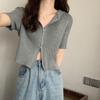 Diseño de doble cremallera con cuello tipo polo, tejido de punto de seda helada de manga corta, top corto holgado estilo bm para mujer con pantalones de cintura alta, mujeres de moda