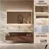 Gabinete de Baño Inteligente de Roble y Nogal de Lujo Ligero con Lavabo Integrado de Cerámica sin Costuras y Encimera Juego de Baño