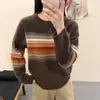 Suéter de Rayas de Lana 100% para Mujer, Engrosado, Nuevo Estilo Otoño e Invierno 2026, Corte Holgado, Adelgazante, Top de Punto Cálido