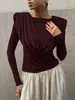 Elegante Blusa Arredondada com Mangas Longas e Caimento Drapê para Mulheres, Camiseta Básica de Tricô da Moda Inverno 2026, Camiseta Estilosa de Corte Justo para Usar por Baixo