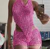 AliExpress Ropa Europea y Americana Color Sólido Con Capucha Ajustado Dos Piezas Nueva Llegada Hilo Hueco de Perlas Pantalones Cortos de Cintura Alta Conjunto para Mujer INS