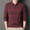 Artículo popular de TikTok: Camiseta de manga larga para hombres de mediana edad, nuevo estilo de otoño, con cuello, a rayas, con bolsillos reales, prenda para hombre