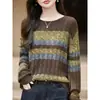 Suéter de Punto a Rayas con Bloques de Color Estilo Coreano 2026 para Mujer Manga Larga Cuello Redondo Holgado Jersey Cárdigan Temperamento Rejuvenecedor Top Único