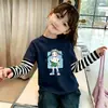Camiseta de manga larga de algodón puro para niña 2026 primavera y otoño nueva con estampado de dibujos animados lindos cuello redondo patchwork a rayas top