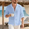 Camisa de Lino Personalización Etiquetado OEM para Hombre Casual Manga Larga Cuello Solapa Top Diseño Libre Empaque Personalizado Personalización