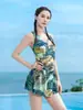 Traje de baño de una pieza para mujer, estilo falda, conservador, adelgazante, disimula el abdomen, traje de baño con estampado tropical, novedad de verano, para aguas termales, natación